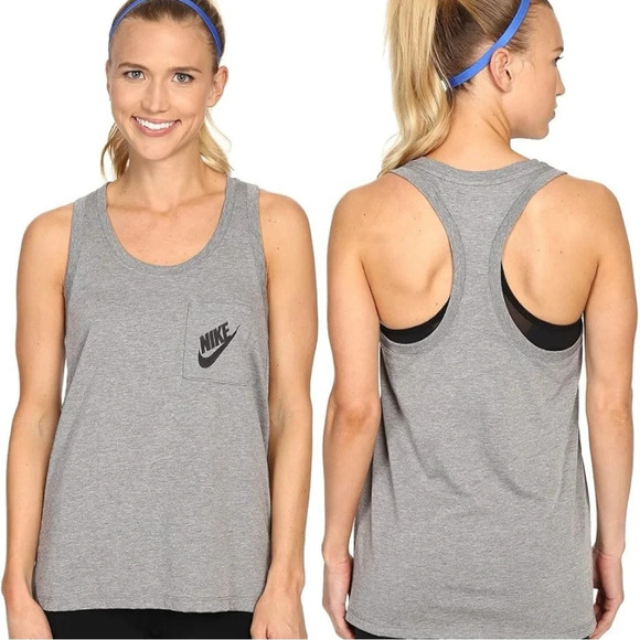 Nike Women's Racerback Signal Tank Top Sleeveless Grey Pocket Nike Logo Size L - Picture 1 of 11